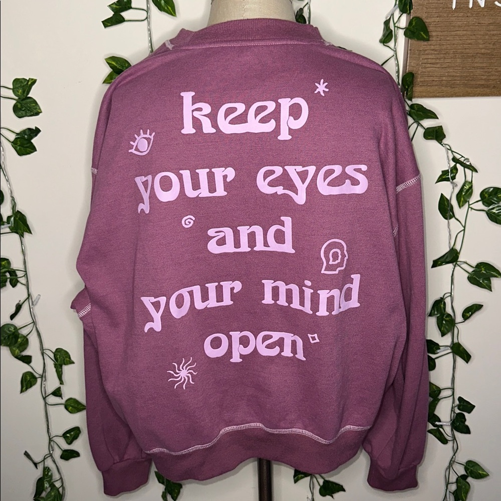 Pacsun Graphic Pullover Crewneck “Keep Your Eyes and Your Mind Open” Purple